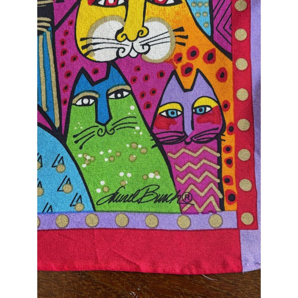 Vintage Laurel Burch Scarf Fantasticats Cat Print Square Silk Scarf - Picture 4 of 5